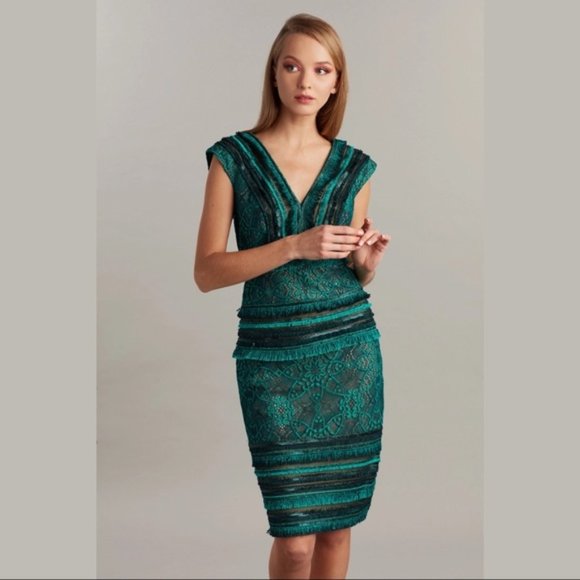 TADASHI SHOJI -TEAL LACE & FRINGE DRESS - Size 10 - Picture 3 of 8